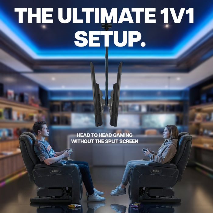 Two people in gaming chairs facing each other with text about a 1v1 gaming setup.