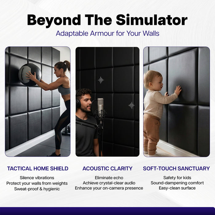 Advert for 'Beyond The Simulator' acoustic panels with lifestyle images and features listed.