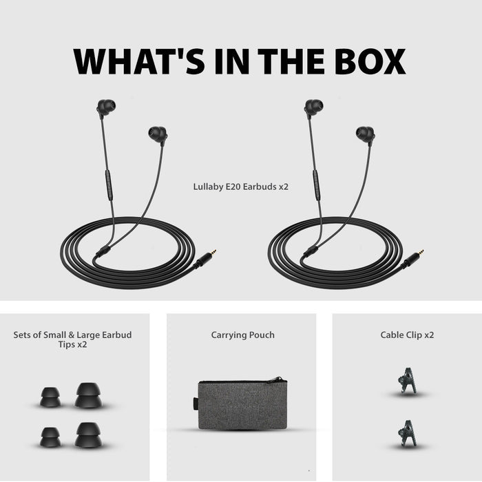 Lullaby E20 Wired Sleep Headphones for Side Sleepers, includes two earbuds, two ear tip sets, cable clips, and a carrying pouch.