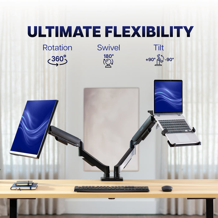 Mechanical Arm Single Monitor and Laptop Desk Mount - Up to 32" Screens, 15.6" Laptops