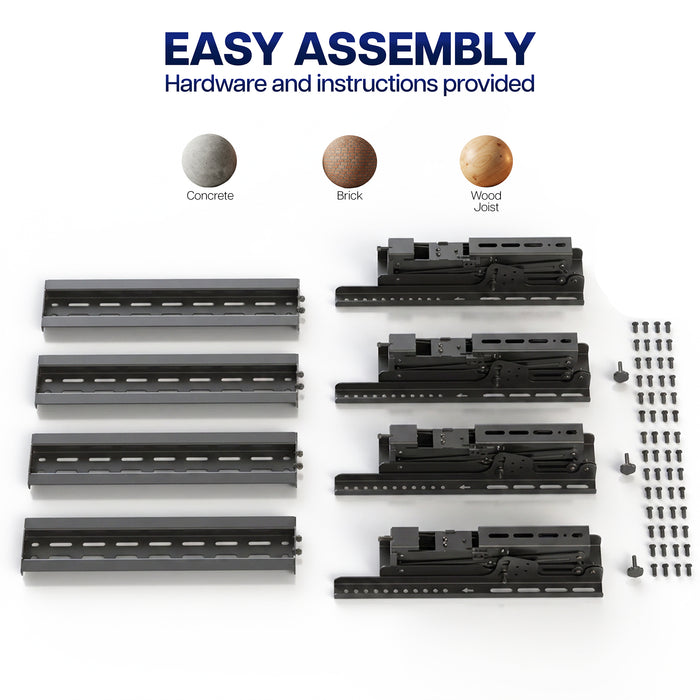 Black metal TV mounting brackets and screws laid out on a white background with text reading 'EASY ASSEMBLY' and small color circles labeled Concrete, Brick, and Wood Veneer.