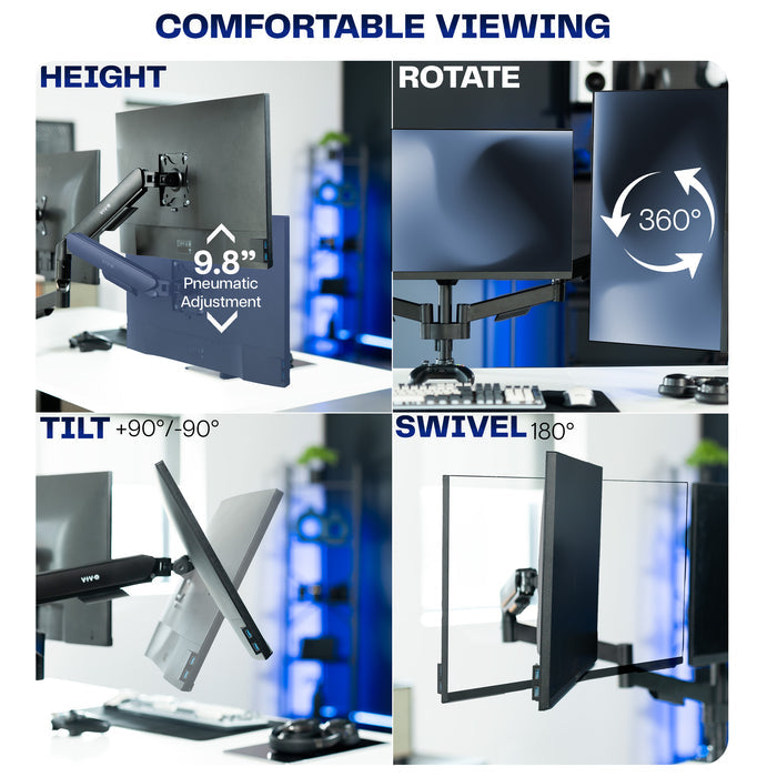 Monitor stand with adjustable height, rotate, tilt, and swivel features on a white background.