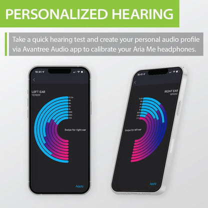 Aria Me Bluetooth Headphones for Hearing Impaired with personalized hearing profiles, Avantree Audio app calibration, and optimized Bluetooth audio.