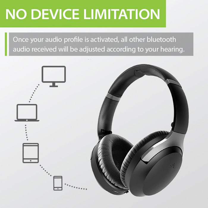 Aria Me Bluetooth Headphones for Hearing Impaired with personalized hearing profiles that automatically optimize audio on every connected device.