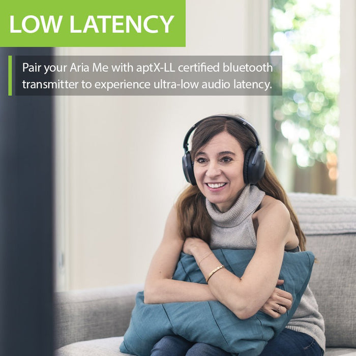 Aria Me Bluetooth Headphones for Hearing Impaired with personalized hearing profiles, aptX Low Latency, and ultra-low audio delay.