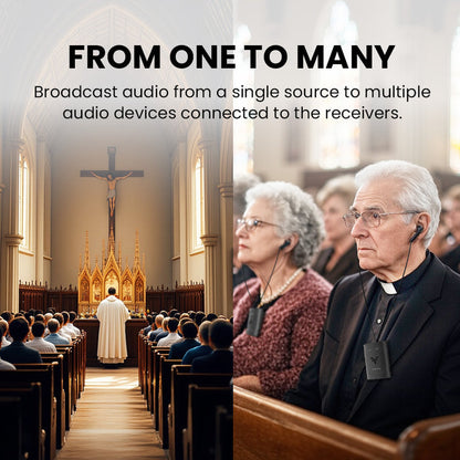 Audiplex 2403s Wireless Transmitter Receiver System for church, broadcasts audio from one transmitter to multiple Audiplex receivers for shared listening.