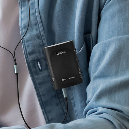 Audiplex 2403S Wireless Transmitter Receiver System, supports 3.5mm headphones with clip-on receivers for easy carrying.