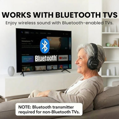Audition 3 Bluetooth Over-Ear Headphones with Charging Dock, compatible with Bluetooth-enabled TVs; non-Bluetooth TVs require a Bluetooth transmitter.