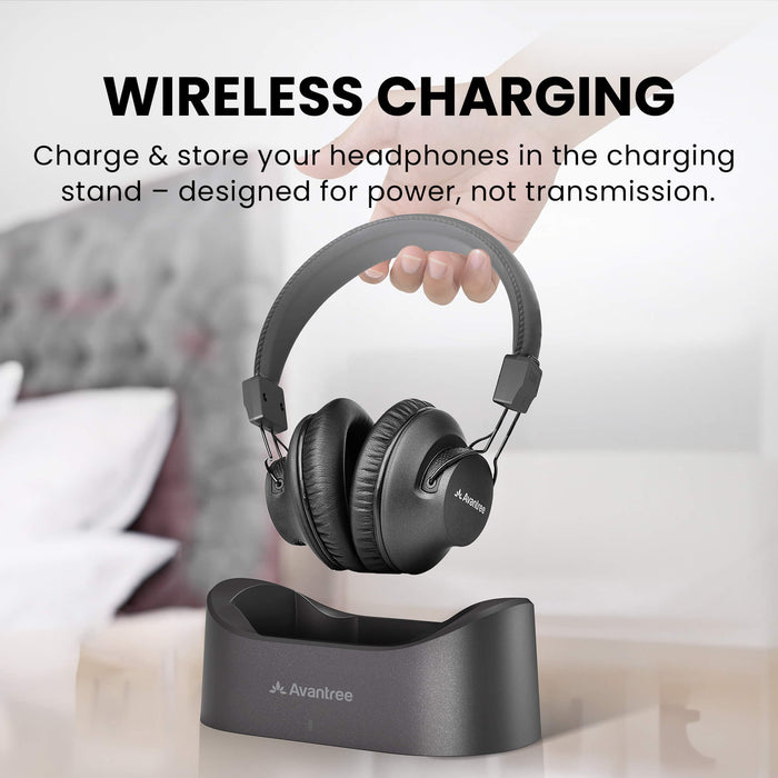 Audition 3 Bluetooth Over-Ear Headphones with Charging Dock, featuring wireless charging by placing on the base dock.