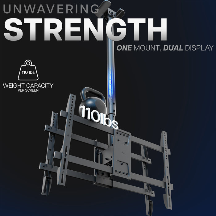 TV Mount with weight capacity indicator on a dark background, featuring the text 'Unwavering Strength'.