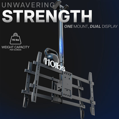 TV Mount with weight capacity indicator on a dark background, featuring the text 'Unwavering Strength'.