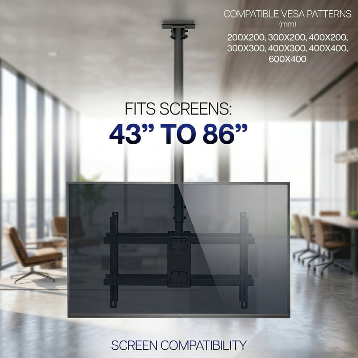 TV mount compatible with screens 43" to 86" in a modern office setting.