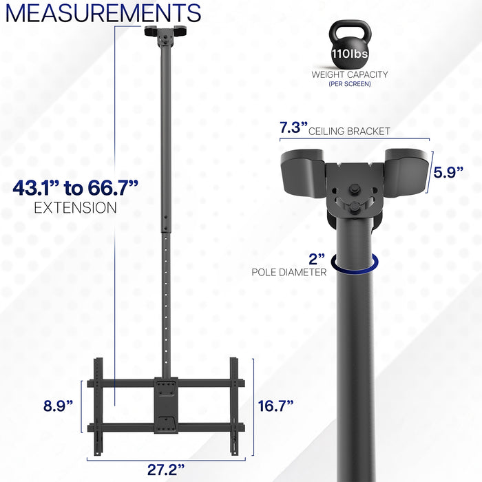 Measurement chart of a ceiling TV mount with dimensions and weight capacity on a white background.