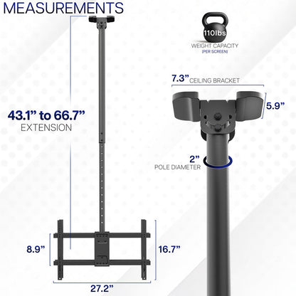 Measurement chart of a ceiling TV mount with dimensions and weight capacity on a white background.