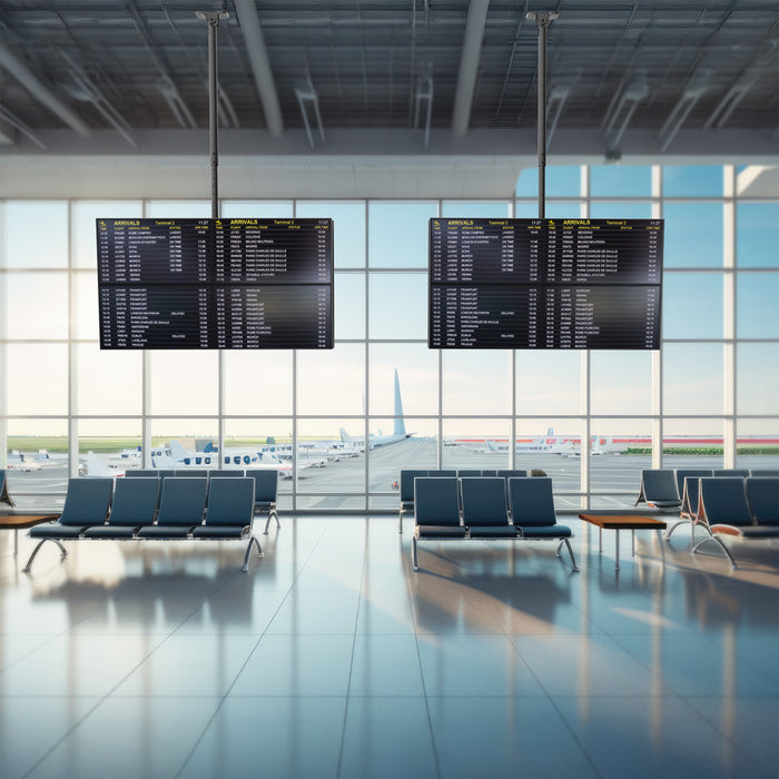 Airport terminal with seating area and departure/arrival boards hanging on ceiling TV mount