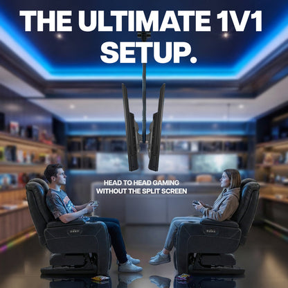 Two people in gaming chairs facing each other with text about a 1v1 gaming setup.
