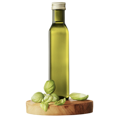 A bottle of extra virgin olive oil with fresh basil leaves next to it, all presented on a wooden platform.