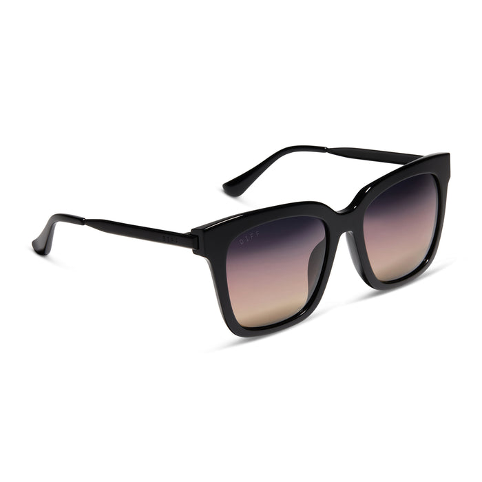 diff eyewear featuring the bella square sunglasses with a black acetate frame and twilight gradient polarized lenses angled view