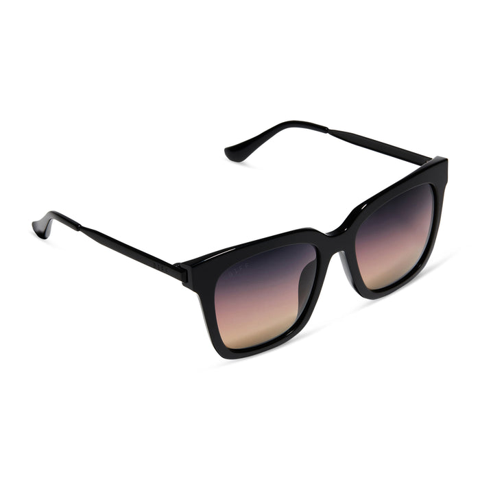 diff eyewear featuring the bella square sunglasses with a black acetate frame and twilight gradient polarized lenses detailed view