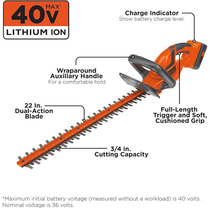 BLACK+DECKER LHT2240C 40V MAX Hedge Trimmer, Dual Action Blades, 3/4in Cutting Capacity