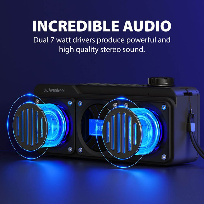 Boombyte Portable Digital FM Radio with Bluetooth Speaker. Features dual 7W drivers delivering high-quality stereo sound.