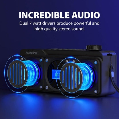 Boombyte Portable Digital FM Radio with Bluetooth Speaker. Features dual 7W drivers delivering high-quality stereo sound.