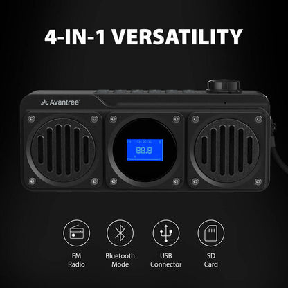 Boombyte Portable Digital FM Radio with Bluetooth Speaker, 4-in-1 functionality with FM radio, Bluetooth, USB, and SD card playback.