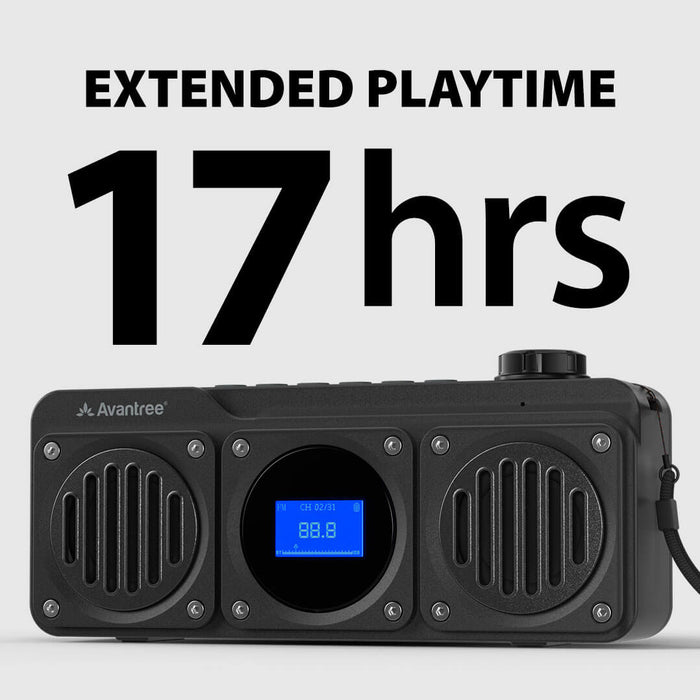 Boombyte Portable Digital FM Radio with Bluetooth Speaker, up to 17 hours extended playtime.
