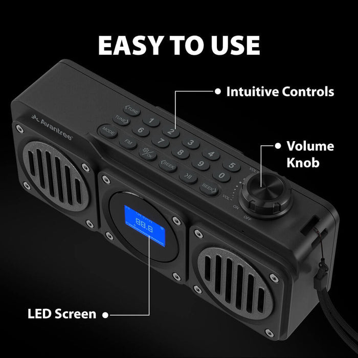 Boombyte Portable Digital FM Radio with Bluetooth Speaker, intuitive controls, large knob, LCD screen, and labeled buttons for easy FM tuning and playback.