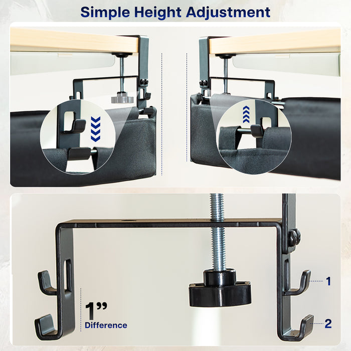 Height adjustment explanations for the clamp-on cable management tray