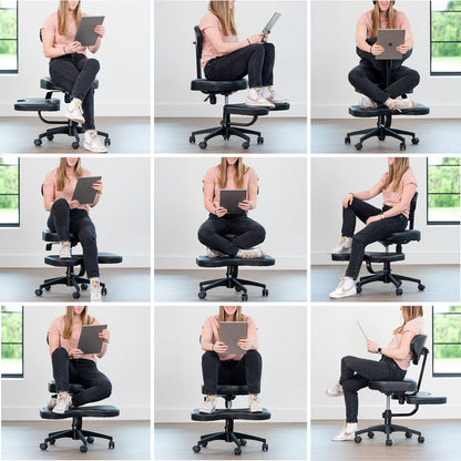 Person using a height-adjustable office kneeling chair in various positions.