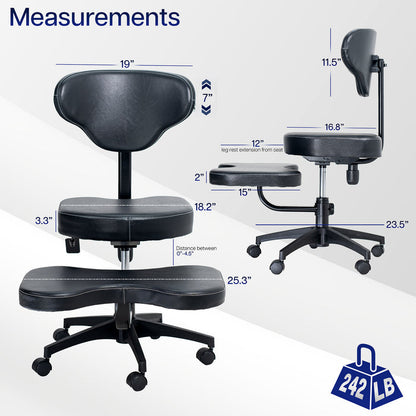 Measurement chart of a black office kneeling chair with various dimensions labeled.