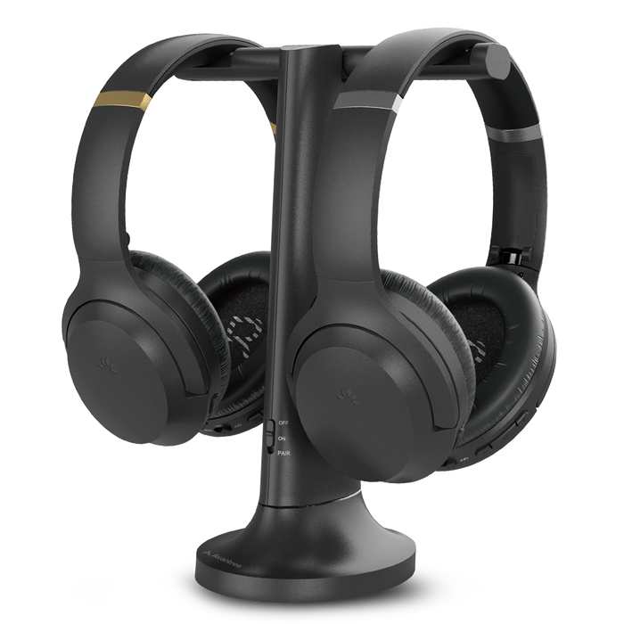 Duet Dual Wireless Headphones for TV, 2.4G connection, Works witth TV optical or AUX output and power on—no Bluetooth pairing required.