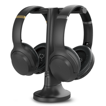 Duet Dual Wireless Headphones for TV, 2.4G connection, Works witth TV optical or AUX output and power on—no Bluetooth pairing required.