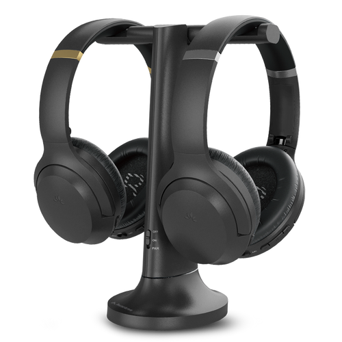 Duet Dual Wireless Headphones for TV, 2.4G connection, Works witth TV optical or AUX output and power on—no Bluetooth pairing required.