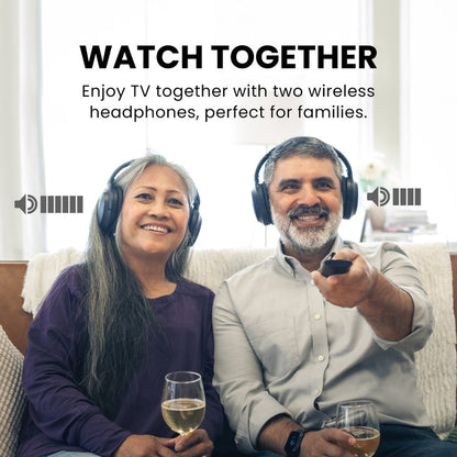 Duet Dual Wireless Headphones for TV, 2.4G connection, connect 2 headphones simultaneously for shared listening with independent volume control.