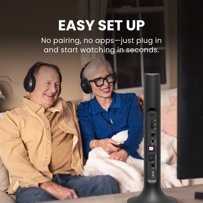Duet Dual Wireless Headphones for TV, 2.4G connection, plug transmitter into TV optical or AUX output and power on—no Bluetooth pairing required.