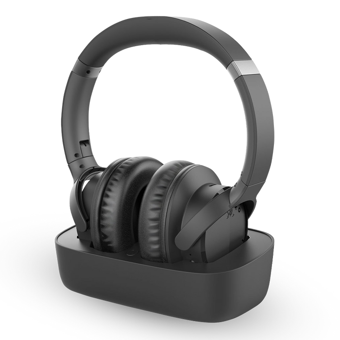 Ensemble Wireless TV Headphones with transmitter and charging base, compatible with TVs optical or 3.5 mm AUX output; soundbar passthrough setups not supported.