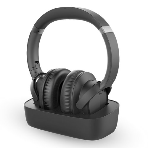 Ensemble Wireless TV Headphones with transmitter and charging base, compatible with TVs optical or 3.5 mm AUX output; soundbar passthrough setups not supported.