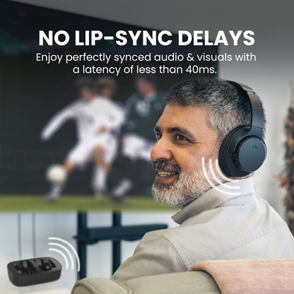 Ensemble Wireless TV Headphones with transmitter and charging base, ideal for seniors and shared bedrooms, with less than 40 ms latency for clear TV dialogue.