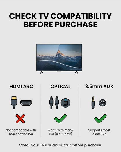 HT5009 Plus Wireless TV transmitter for seniors and shared spaces, supports with TVs optical, bluetooth, or 3.5 mm AUX output; not compatible with HDMI ports.