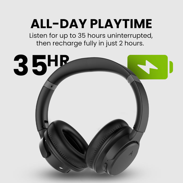 Ensemble Wireless TV Headphones with transmitter and charging base, featuring up to 35 hours of continuous listening and 2 hours to full charge.