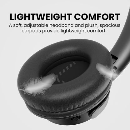 Ensemble Wireless TV Headphones with transmitter and charging base, lightweight with soft, adjustable headband and plush for comfort.