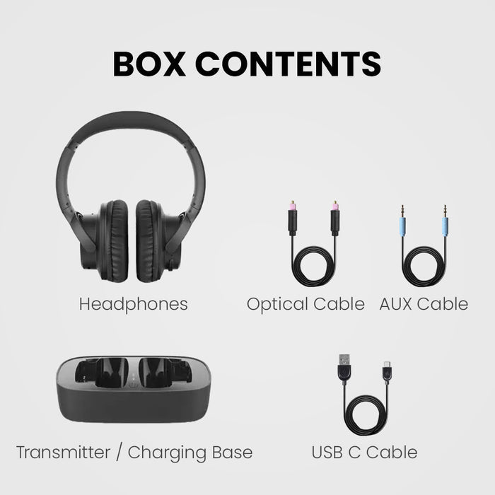 Ensemble Wireless TV Headphones with transmitter and charging base, includes one headphone, charging transmitter, and accessories for setup.