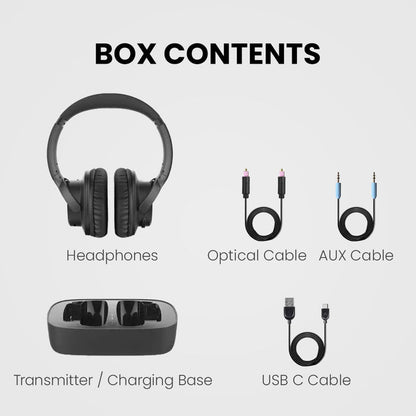 Ensemble Wireless TV Headphones with transmitter and charging base, includes one headphone, charging transmitter, and accessories for setup.