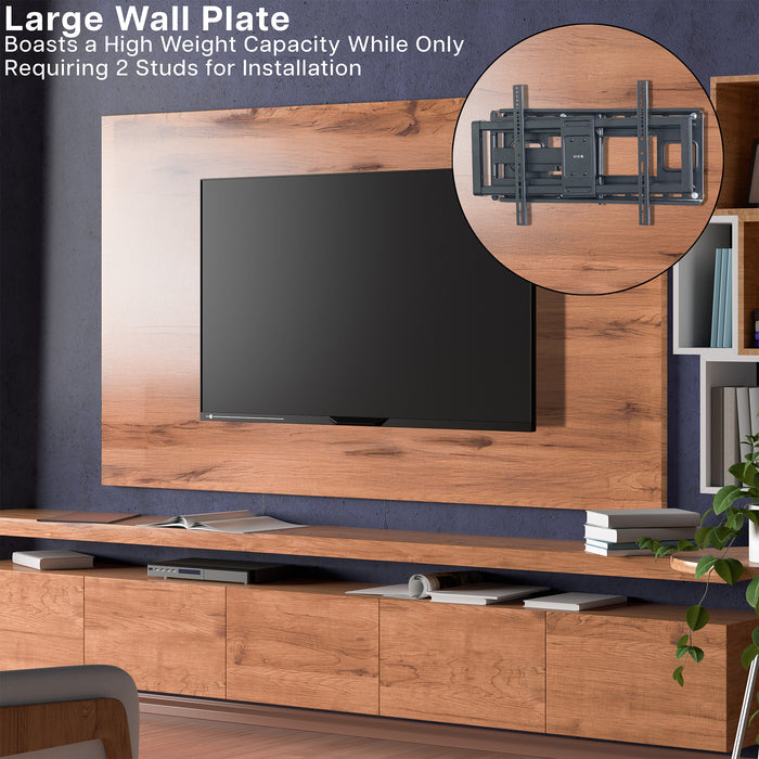 Wooden wall-mounted TV setup with large wall plate and inset detail