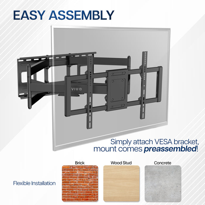 TV wall mount with a long arm on a clear background, showing assembly instructions and material compatibility.