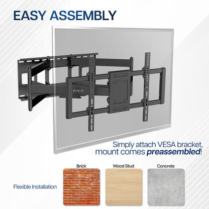 TV wall mount with a long arm on a clear background, showing assembly instructions and material compatibility.
