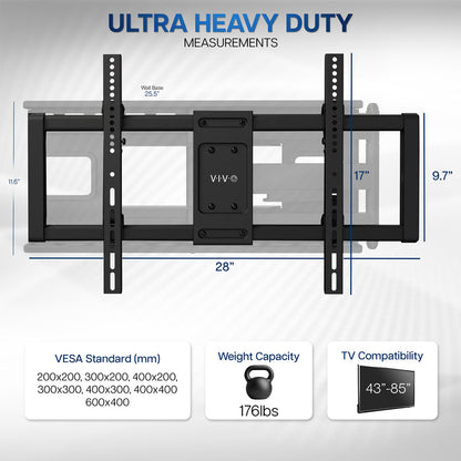 TV wall mount with dimensions and specifications on a gray background