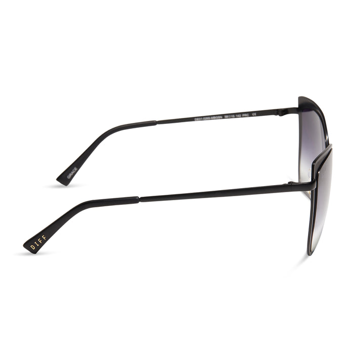 diff eyewear grace cat eye sunglasses with a matte black frame and grey gradient sharp lenses side view